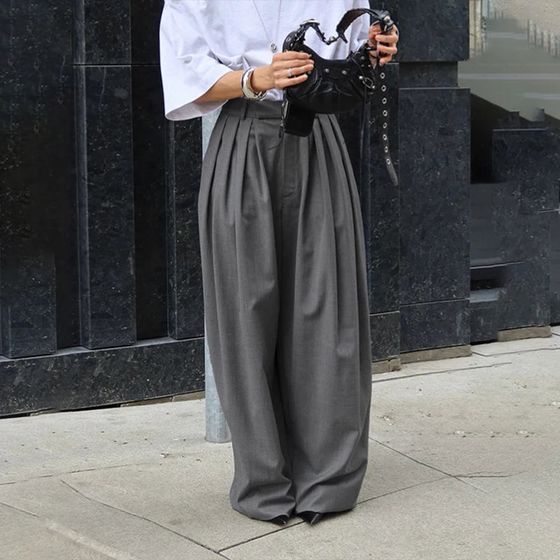 AIERTU  -  French Stylish Commuter Gray Pleated Harem Pants for Women Summer Fashion High Waist Chic Baggy Trousers with Pockets Aiertu