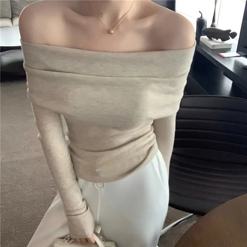Slash Neck Pullovers Women Short Knitted Thin Slim Defined Waist Basic All-match Sexy Elegant Off Shoulder Autumn Winter Female Aiertu