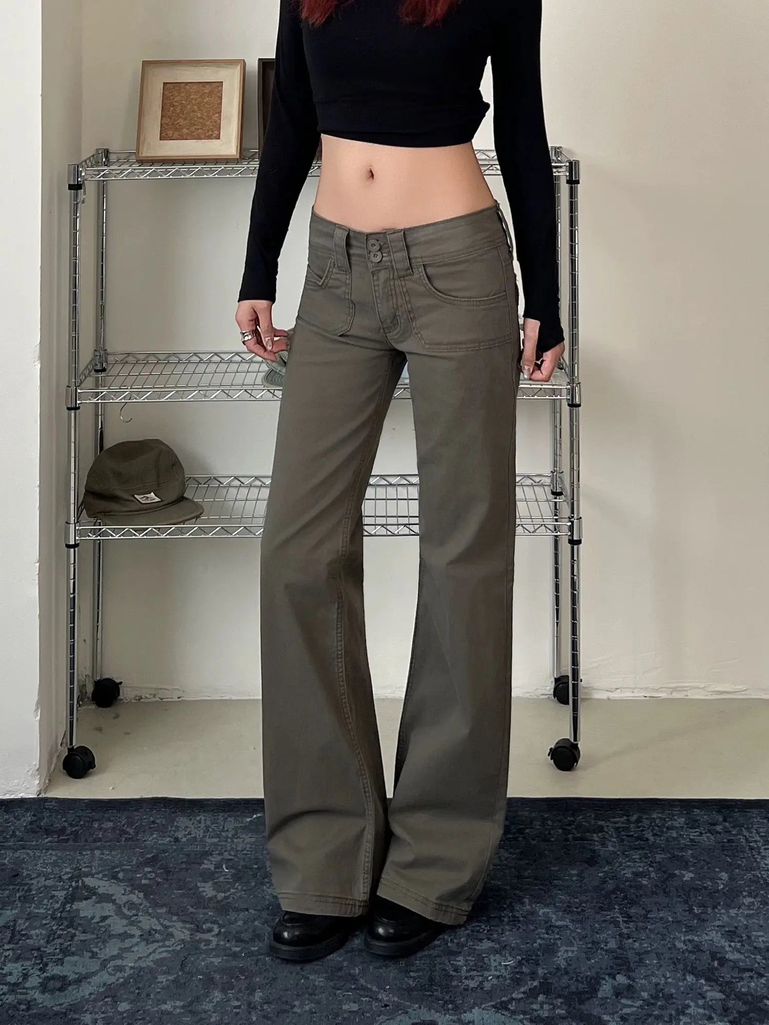 AIERTU  -  Y2K Embroidered Micro Flare Jeans Slim Fit Casual Straight Leg Pants Retro American Design for Women Aiertu
