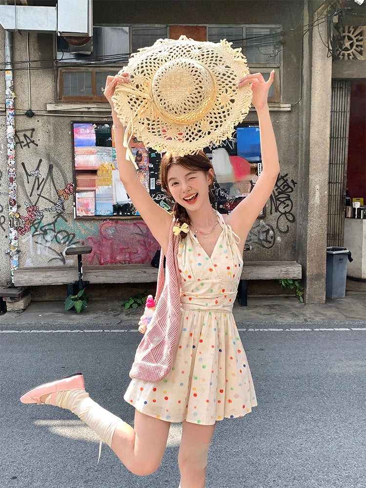 Aiertu 2024 Summer Sweet Y2k Mini Dress Women Casual Sleeveless Dot Short Party Dress Beach Style One Piece Dress Korean Fashion Chic Aiertu