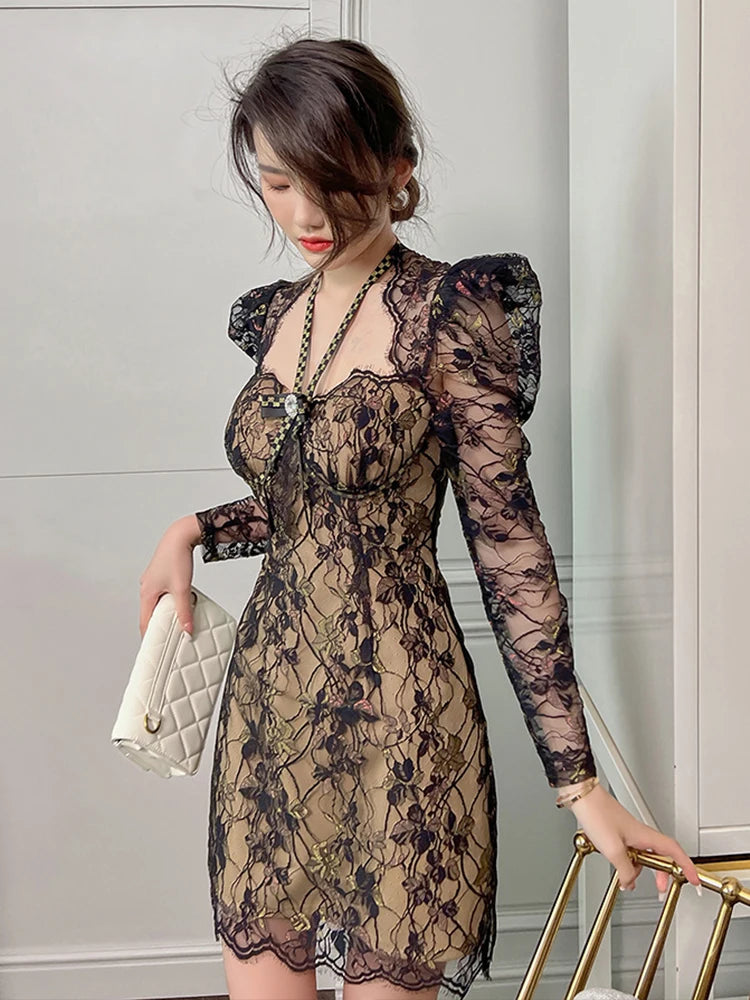 Spring French Retro Sexy Dress Women Black Sheer Lace Embroidery Floral Halterneck Bow Long Sleeve Mini Gown Party Vestidos Aiertu