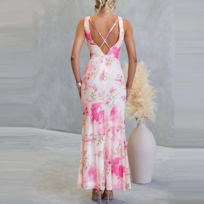 AIERTU  -  Summer Sleeveless Backless Maxi Dresses Sexy V Neck High Waist Lace-up Long Dress Women Spring Floral Print Slim Fit Party Dress Aiertu