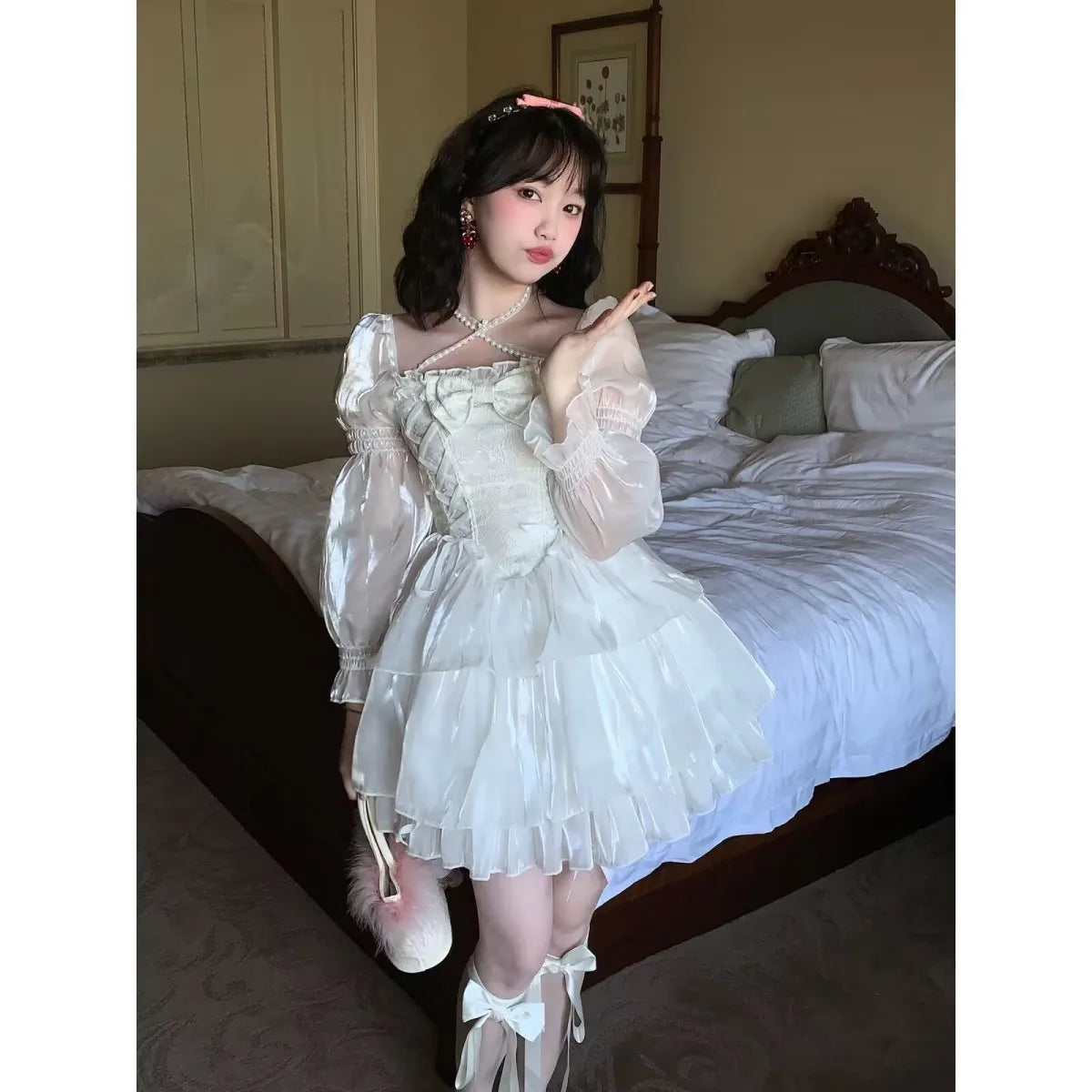 Aiertu Japanese Sweet Fairy Lolita Dress Women White Mesh Elegant Princess Dress Female Bow Casual Evening Party Dress Summer Slim Aiertu