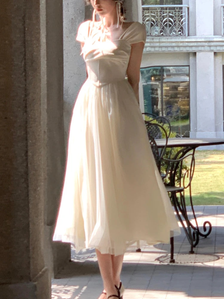 Aiertu Pure Color French Elegant Dress Office Lady 2023 Summer Short Sleeve Fairy Midi Dress Casual Fashion Evening Party Dress Woman Aiertu