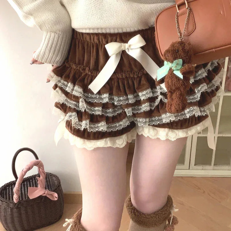 Autumn Winter Warm Lolita Safety Short Pants Women Sweet Chic Plush Bloomers Japanese Y2k Lace Bow Knickers Harajuku Cute Shorts Aiertu