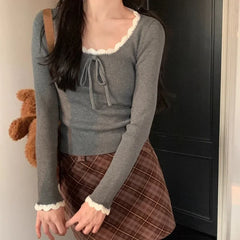 Aiertu Kawaii Bow T-shirts Women Coquette Lace Sexy Korean Fashion Sweet Long Sleeve Cutecore Slim Up Solid Aesthetics Tops Aiertu