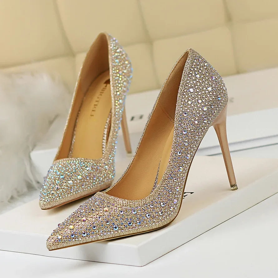 Women 10cm High Heels Stripper Bling Crystal Escarpins Pumps Lady Stiletto Wedding Bridal Fetish Rhinestone Gold Pink Prom Shoes Aiertu