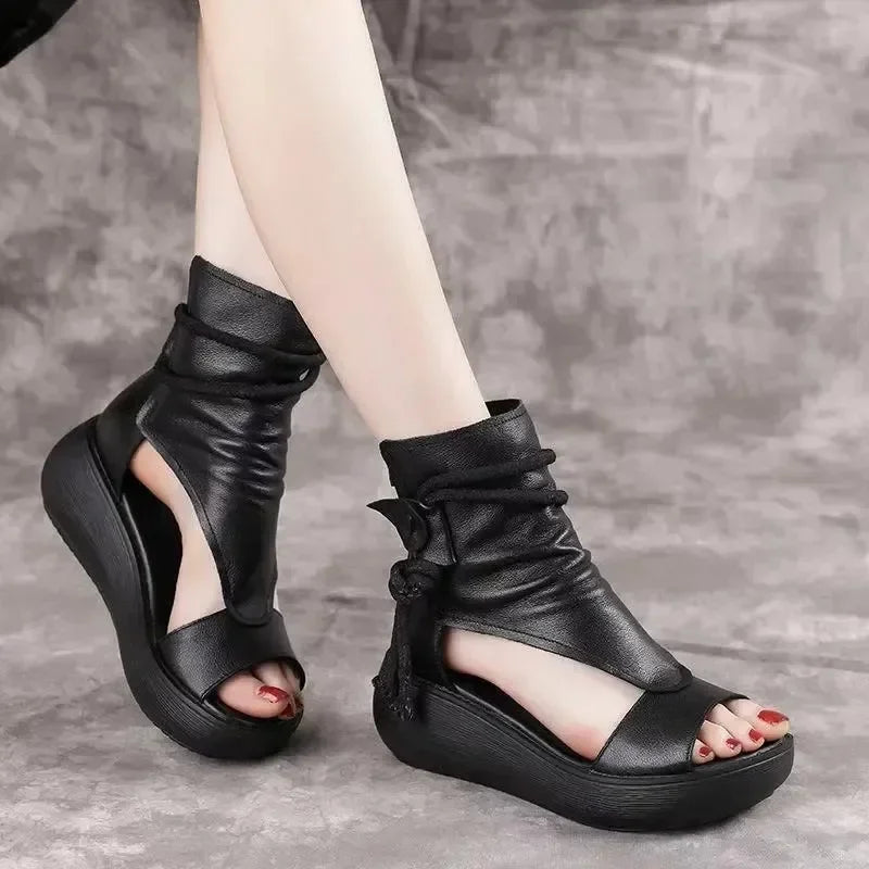 Aiertu Vintage Leather Cool Boots Mid Heels Wedges Shoes Women Ladies Strap Casual Sandalias Fashion Rear Zipper Sandals Spring Summer Aiertu