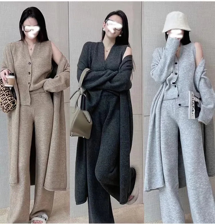 Aiertu New Autumn Winter Women Knitted Three Piece Set Cardigan Sweater + Single Breasted Vest Tops And Wide Leg Pants Fashion Elegant Aiertu