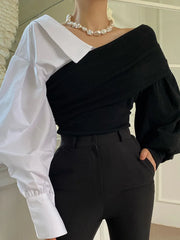 Aiertu V-neck Long Sleeve Contrasting Color Queen 2024 Spring new Loose Top Korean Chic Ladies Sweater Off-the-shoulder clothing Aiertu