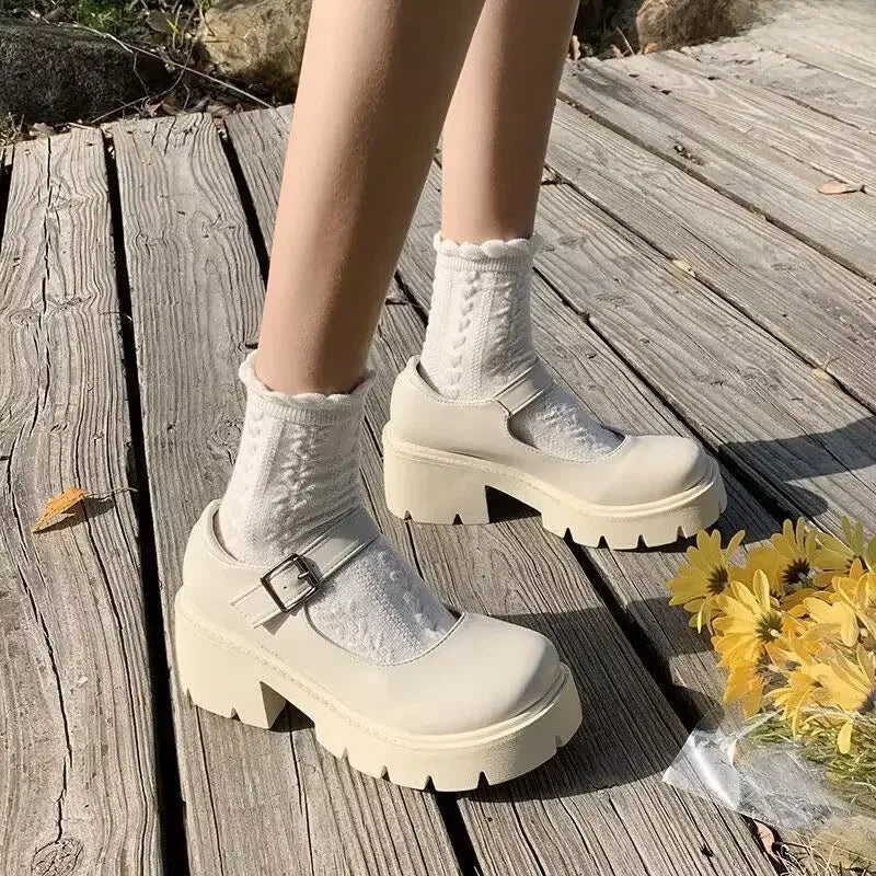 Aiertu White Magic Tape Petite Women's High Heels Shoes Comfortable Thick Heel Mary Jane Style Flats Non-tired Feet Aiertu
