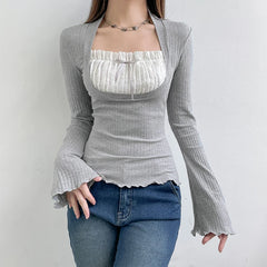 Aiertu  Cute Bow Stitched T-shirts Ladies Kawaii Folds Square Collar Full Sleeve Patchwork Fake Two-piece Crop Top Autumn Shirts Aiertu
