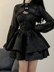 Aiertu DRESS TO IMPRESS Summer Black Gothic Lolita Short Party Suits Women Long Sleeve Coat + Pure Color Mini Dress Fashion High Waist Outfits Chic Aiertu
