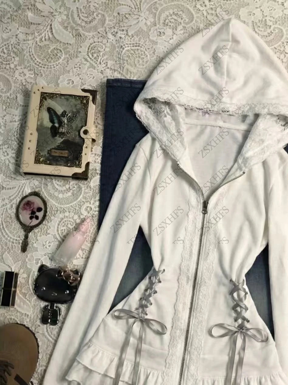 AIERTU  -  Aesthetic Hoodie Women Clothing Lace Sweet Cute White Bandage Korea Chic Zip Up Hoody Vintage 2000s Kawaii Sweatshirt Y2k Coats Aiertu