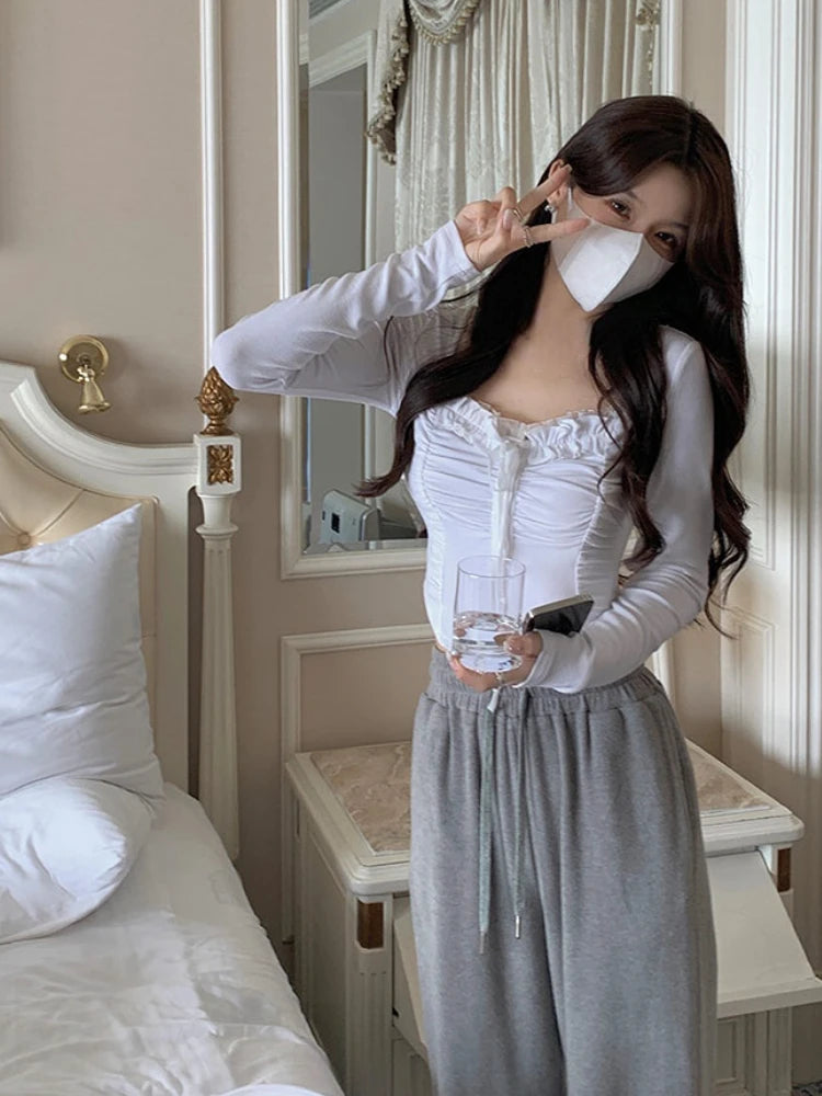 Aiertu 2024 Summer Lace Y2k Basic Crop Tops Women Pure Color Slim Korean T-shirt Fashion Office Lady Casual Clothing Female Design Sexy Aiertu