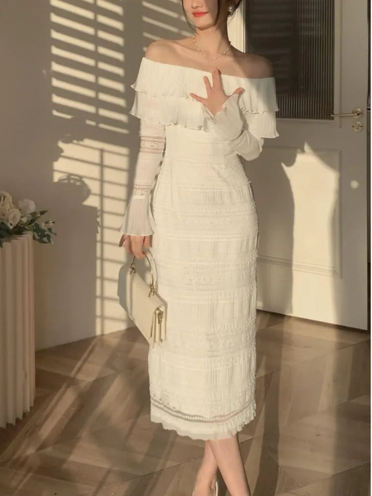 Aiertu White Elegant Vintage Midi Dress Women Ruffles Sexy Beach Party Bodycon Dress Female Silm One Piece Dress Korean Summer Y2k Aiertu