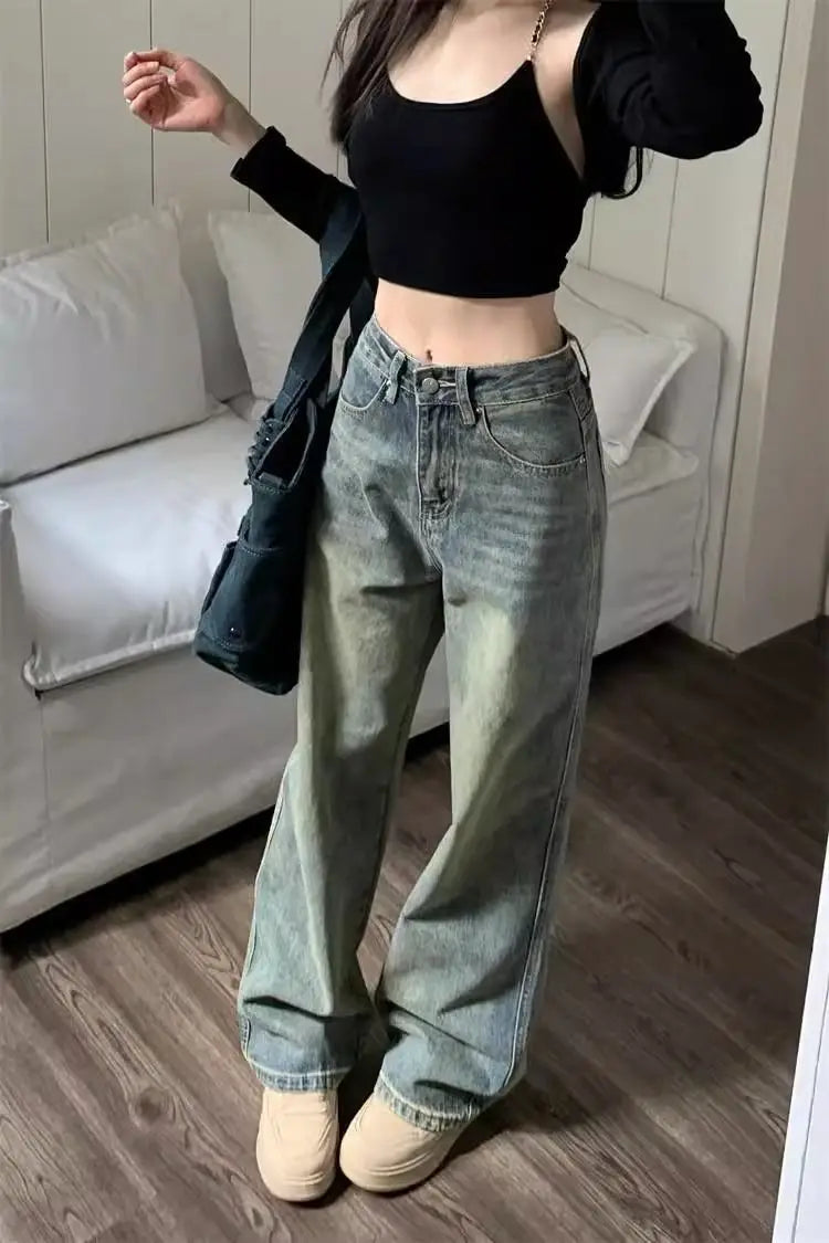 Aiertu  Vintage Washing Y2k Baggy Denim Pants Women  2024 Spring Fashion High Waist Wide Leg Jeans Trouser Casual Streetwear Aiertu