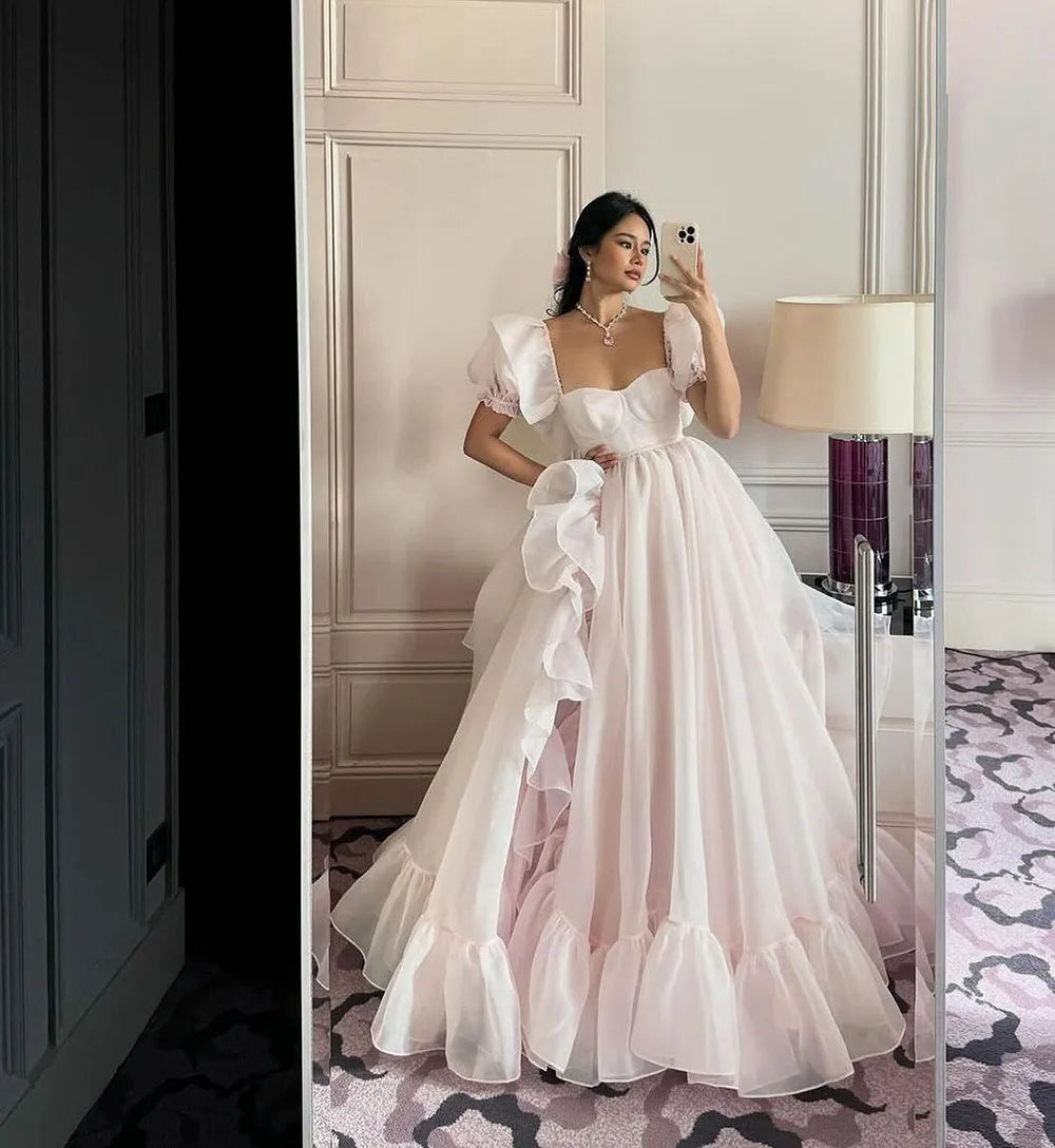 Aiertu Princess Prom Dresses Cap Sleeves Organza Long Prom Gowns Cap Sleeves Ruched Special Occasion Dress A-Line Party Dress Aiertu