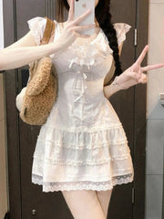 Aiertu Y2k Coquette White Lolita Sweet White Kwaii Cute Mini Dress Women Lace Bow Princess Slip Lace Short Dresses 2024 Fashion Aiertu