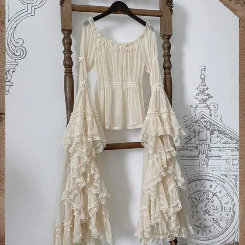 AIERTU  -  Mesh Blouses Flare Sleeve Spring Autumn Japanese Style Lolita Girls Women Shirts Solid Ruffles Vintage Thin Elegant Blusas Aiertu