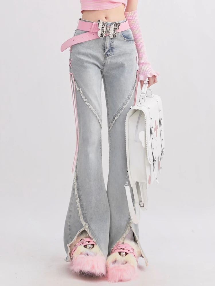 Aiertu Summer Denim Vintage Sweet Pants Women Slim Lace-up Korean Casual Flare Pants Female Japanese France Elegant Open Fork Jeans New Aiertu