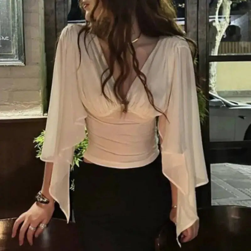 AIERTU  -  Mesh Deep V Neck T Shirt With Ribbon Sleeves Slim Fit Waist Cinching Pleated Top Women Sexy Fashionable Elegant Stylish Summer Aiertu