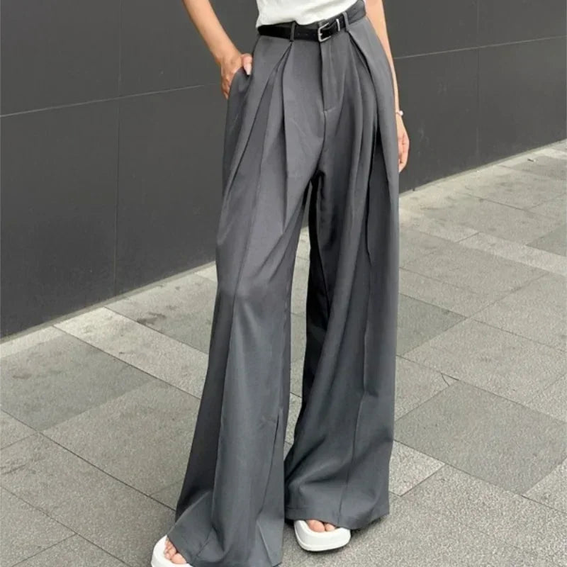 Baggy Casual Grey Suit Pants Woman Korean Fashion Classical Office Ladies Wide Leg Trousers High Waist Basic Pantalone Aiertu