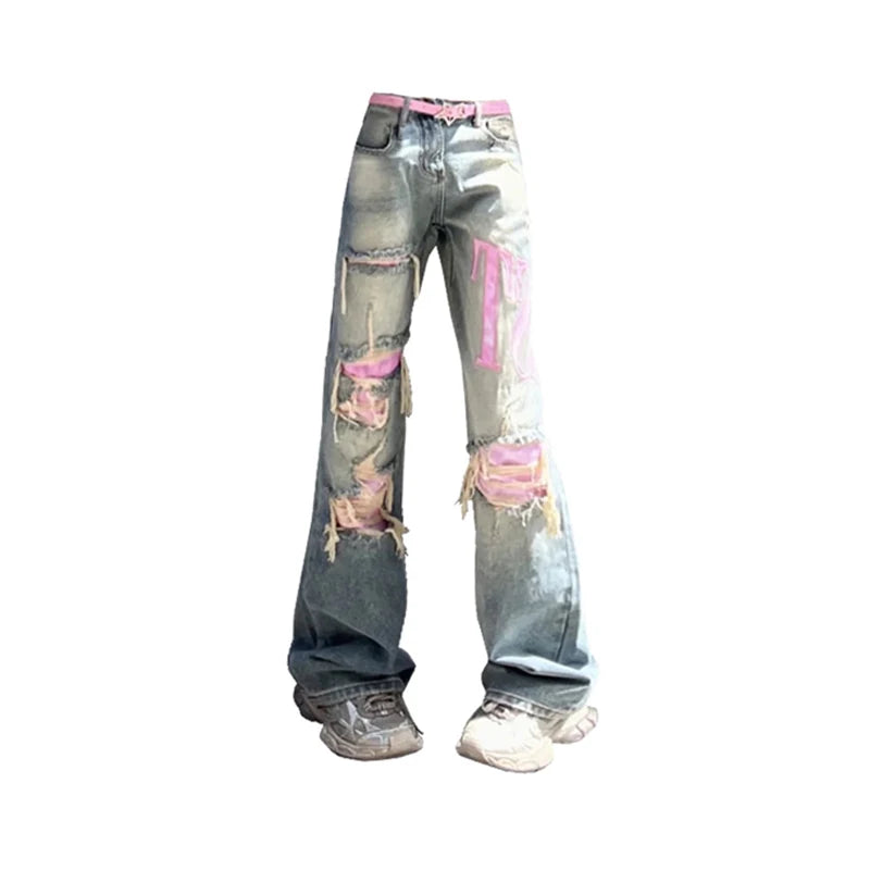 Aiertu Women's Vintage Blue Ripped Jeans Baggy Denim Trousers 2000s High Waist Korean Y2k Streetwear Female Punk Wide Leg Pants Clothes Aiertu
