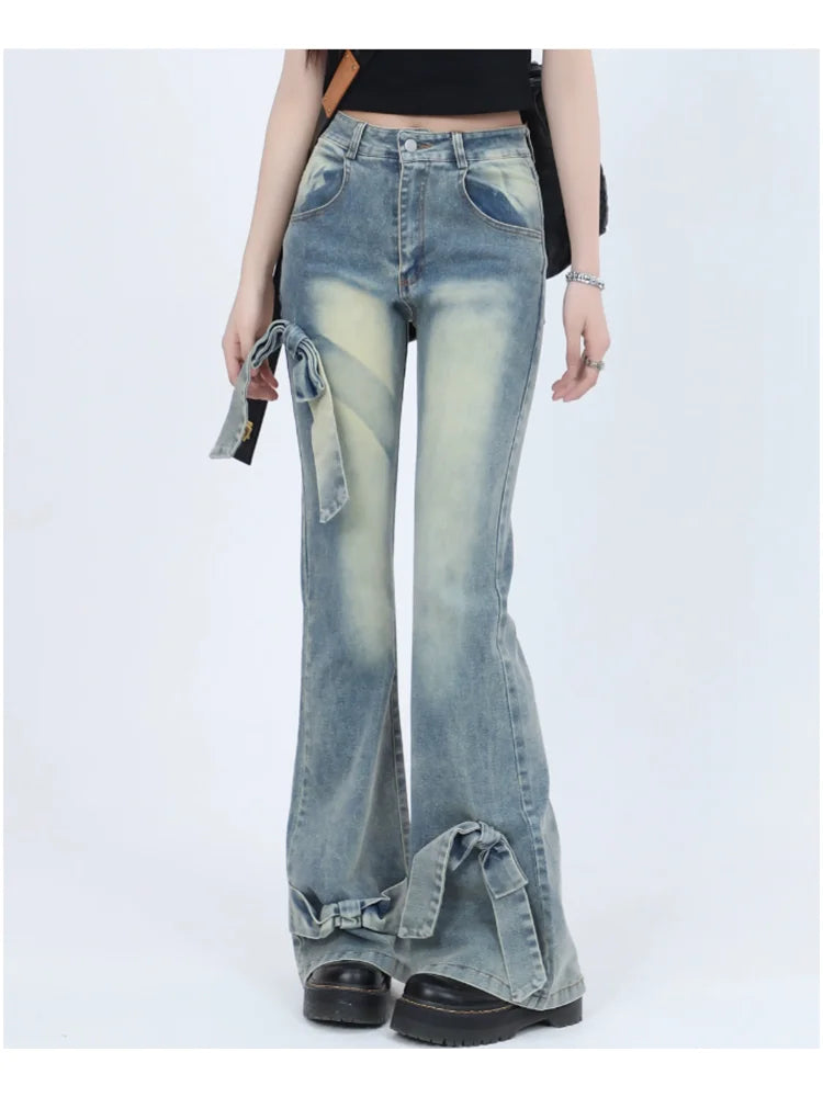 Aiertu Ribbon design slim denim Retro High Street  Flare Jeans for Women's Spring New High Waist Slim Bow Design Baggy Vintage 90s Aesthetic Y2k Pants Aiertu