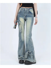 Aiertu Ribbon design slim denim Retro High Street  Flare Jeans for Women's Spring New High Waist Slim Bow Design Baggy Vintage 90s Aesthetic Y2k Pants Aiertu