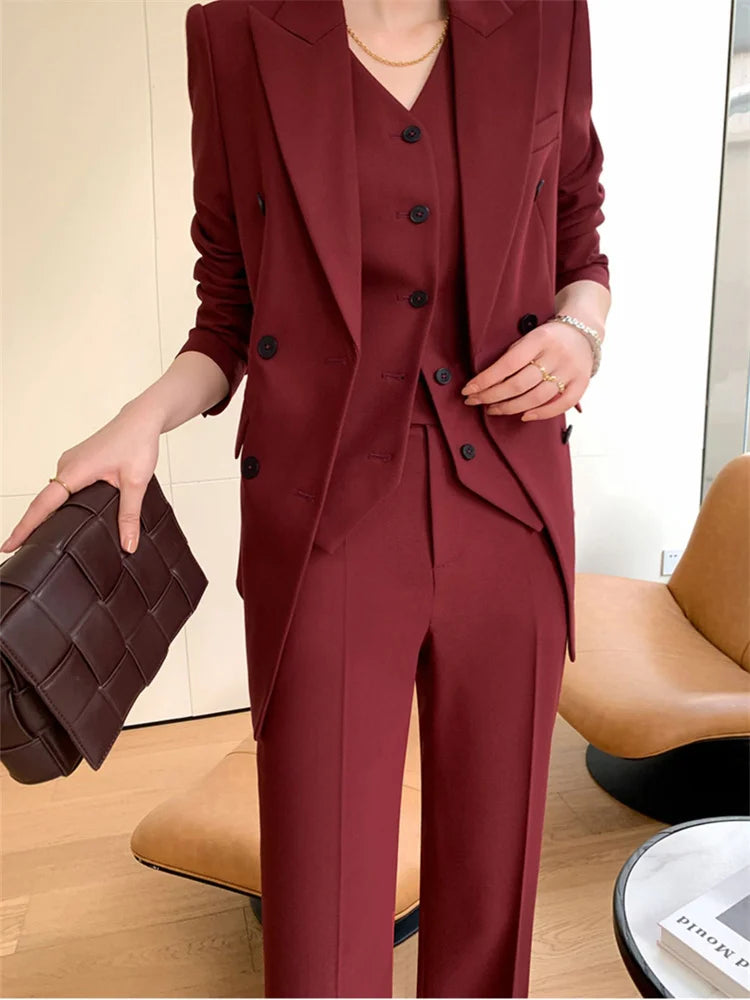Aiertu Burgundy Suit Set Women Spring Office Ladies Lapel Single Breasted Vest Wide Leg Pants Blazer Three Piece Set Aiertu