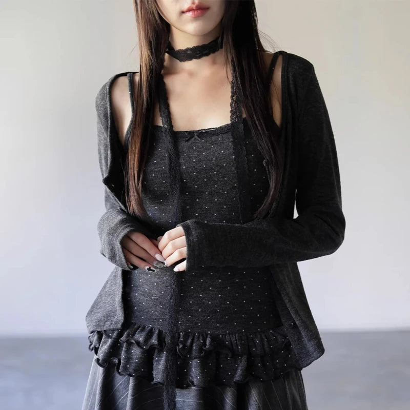 AIERTU  -  2 Pieces Cardigans Korean Fashion Spring Autumn Polka Dot Sweet Woman Sweaters Ruffles Vintage Sueteres Mujer Aiertu