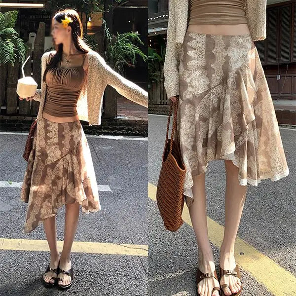 AIERTU  -  New Irregular Lace Splicing Hip Skirt Retro Versatile High Waist Hip Cover Mid-length Skirt Aiertu