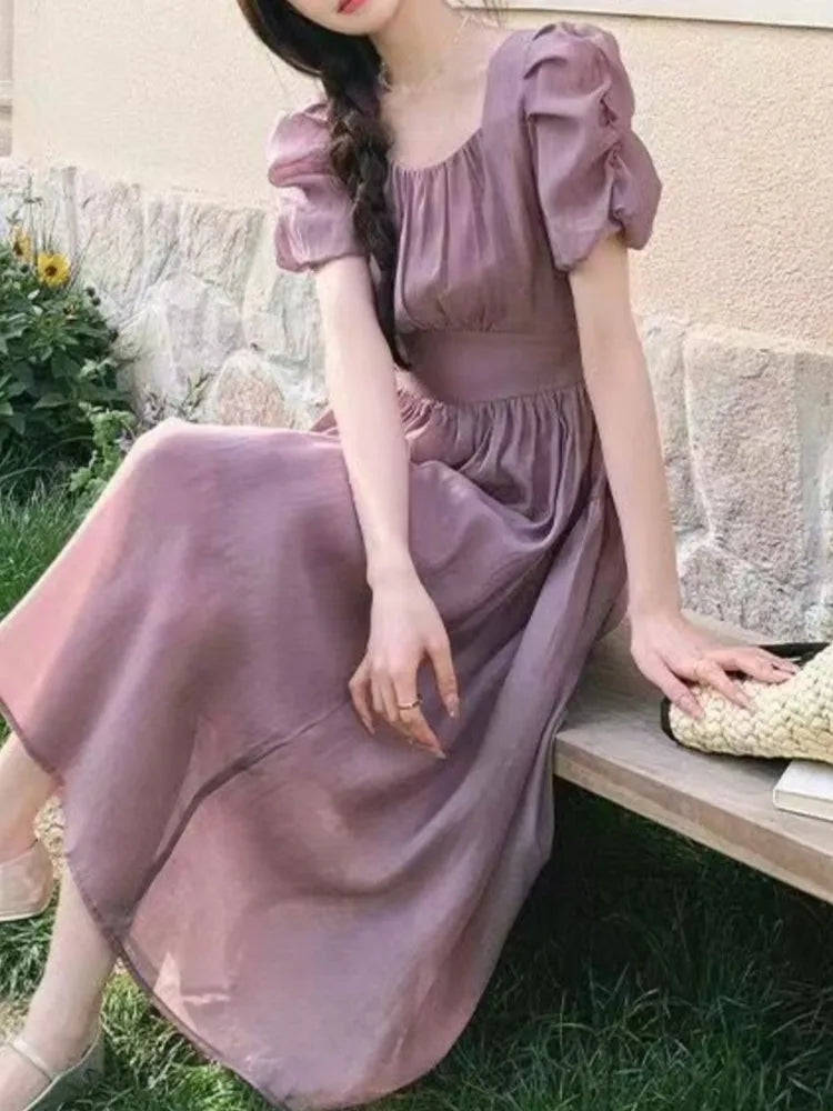 Aiertu Elegant and Chic Women Solid Summer Dress Vintage A-Line Short Sleeve Party Prom Dresses Female Clothes Long Robe New Aiertu