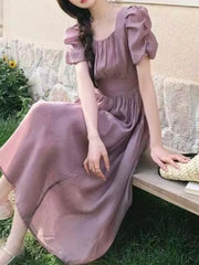 Aiertu Elegant and Chic Women Solid Summer Dress Vintage A-Line Short Sleeve Party Prom Dresses Female Clothes Long Robe New Aiertu