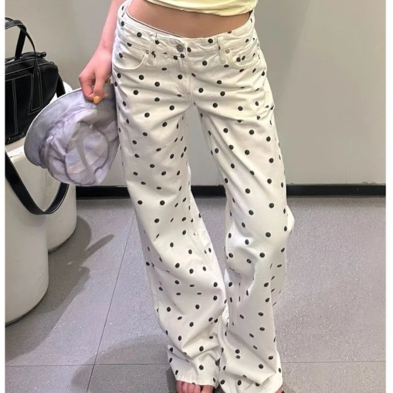 AIERTU  -  Women Polka Dot Jeans Low Rise Baggy Wide Leg White Y2K Vintage Retro Floor Length Pants Loose Straight Casual Street Style Aiertu