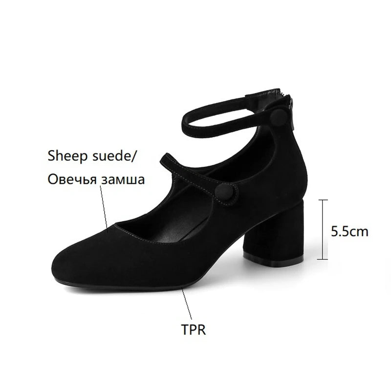 Aiertu Spring Women Pumps Split Leather Shoes for Women Round Toe Chunky Heel Shoes Retro Round Heel Mary Janes Solid Black Shoes Aiertu