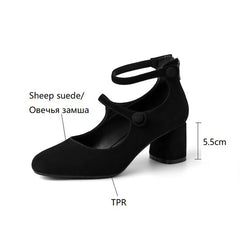 Aiertu Spring Women Pumps Split Leather Shoes for Women Round Toe Chunky Heel Shoes Retro Round Heel Mary Janes Solid Black Shoes Aiertu