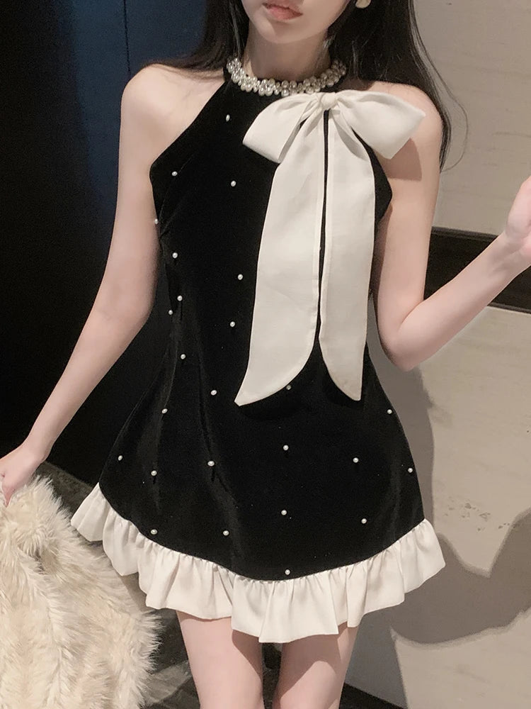 Elegant Dresses Women Sweet Fashion Bow Halter Beaded Vintage French Style Chic Sexy Mini Dress Patchwork Female Aiertu