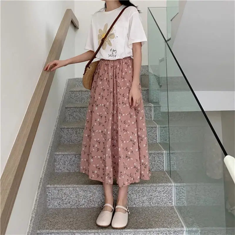 Aiertu Vintage Floral Print A-line Pleated Long Skirts Summer Women Korean Skirt Streetwear Drawstring Elastic Waist Midi Skirt Aiertu