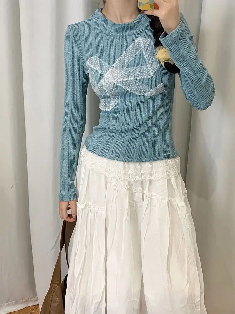 Aiertu Korean Style Y2k Knitted Pullover Women Bow Lace Long Sleeve Sweaters Harajuku Vintage Patchwork Knitwear Pullovers Aiertu