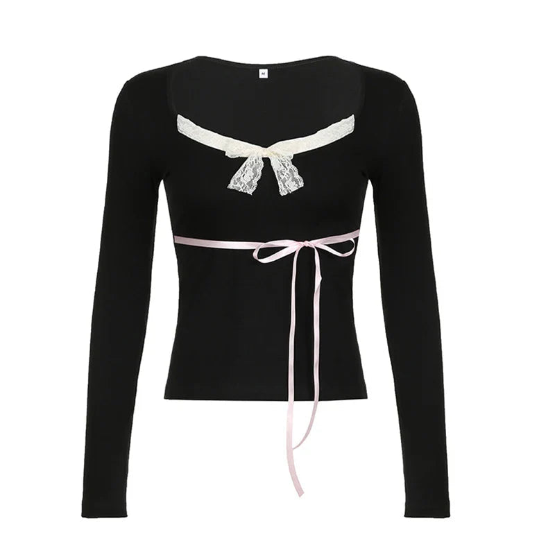 Aiertu Top y2k Women Clothes Lace Trim V Neck Long Sleeve T Shirt with Bow Decor 2000s Coquette Clothing Streetwear aiertu