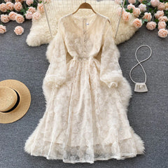 Aiertu Lace French Style Long Dress Summer Women V Neck Long Sleeves Zipper Ladies Sexy Vacation A Line Beach Dresses Aiertu