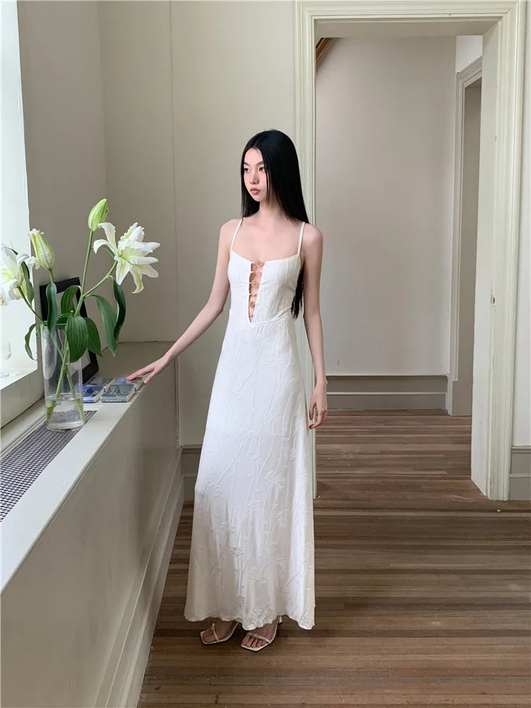 AIERTU  -  Women Dress New Chinese Style Patterned Chest Bead Hollow Out Backless Sleeveless High Waist Slim Vacation Sling Long Dresses Aiertu