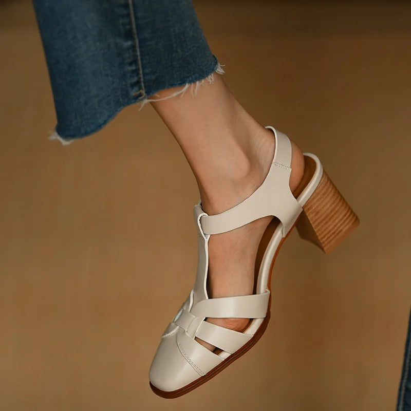 Aiertu Summer Sandals Female Retro Sandals Buckle Strap Womens Pumps Cowhide Ladies Shoes Spring Autumn Gladiator Sandal Roman Style Aiertu