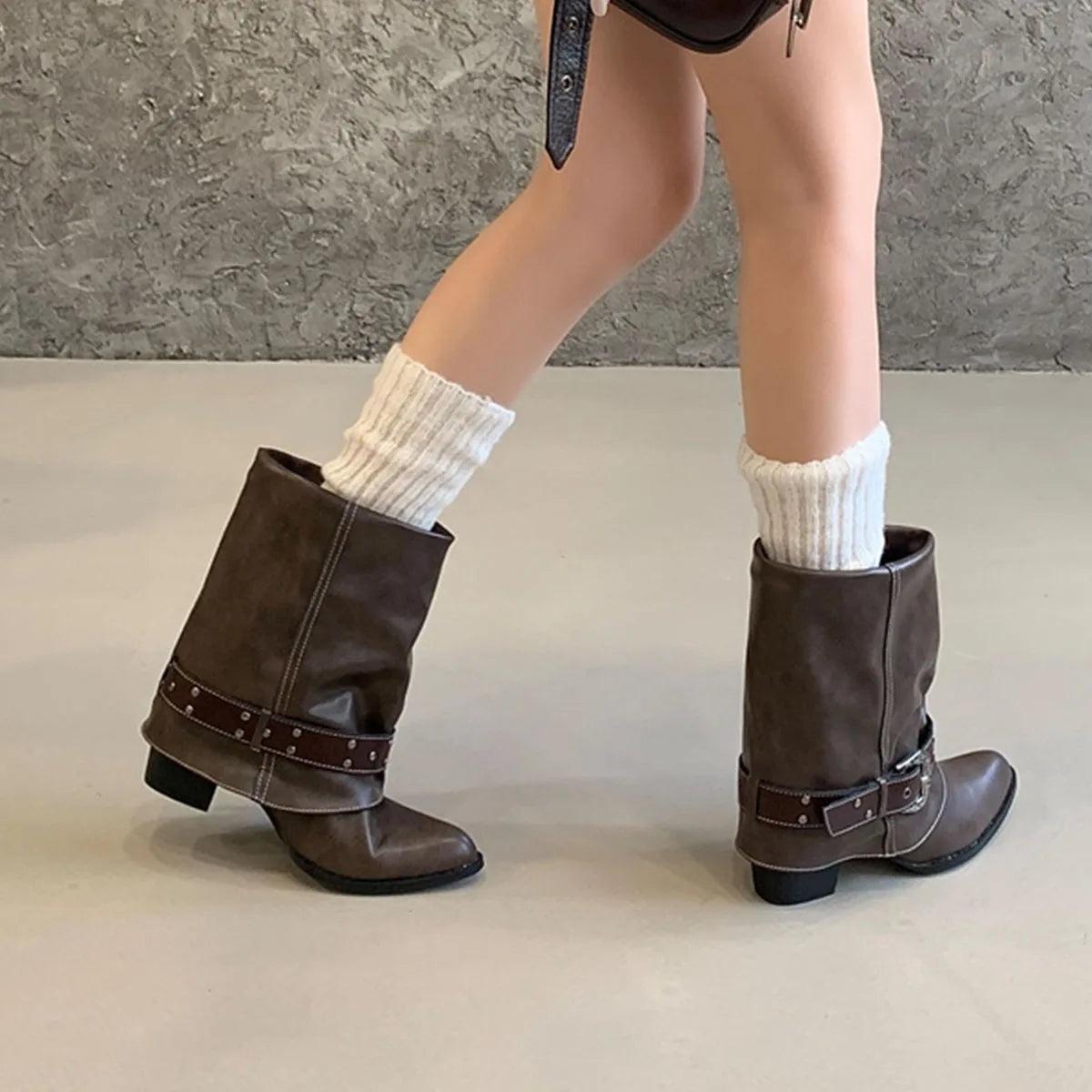 AIERTU  -  Women Western Cowboy Mid Calf Boots Vintage Pointed Toe Chunky Heel Riding Boots with Ornate Buckle Rivets Casual Ankle Boots Aiertu