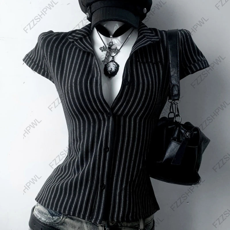 AIERTU  -  Gothic Women's Shirt Chic Aesthetic Grunge High Street American Style Striped Lace-up Slim Fit Fashion Hip Hop Short Sleeve Tops Aiertu