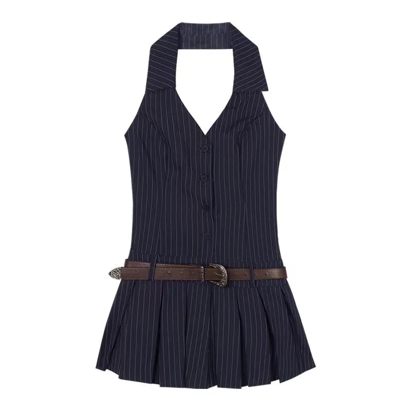 Aiertu 2024 Summer Woman Fashion V-neck Sleeve Striped Dress Clothing High Waist A-line Summer Vestido Female Pleated Y2k Mini Dresses Aiertu