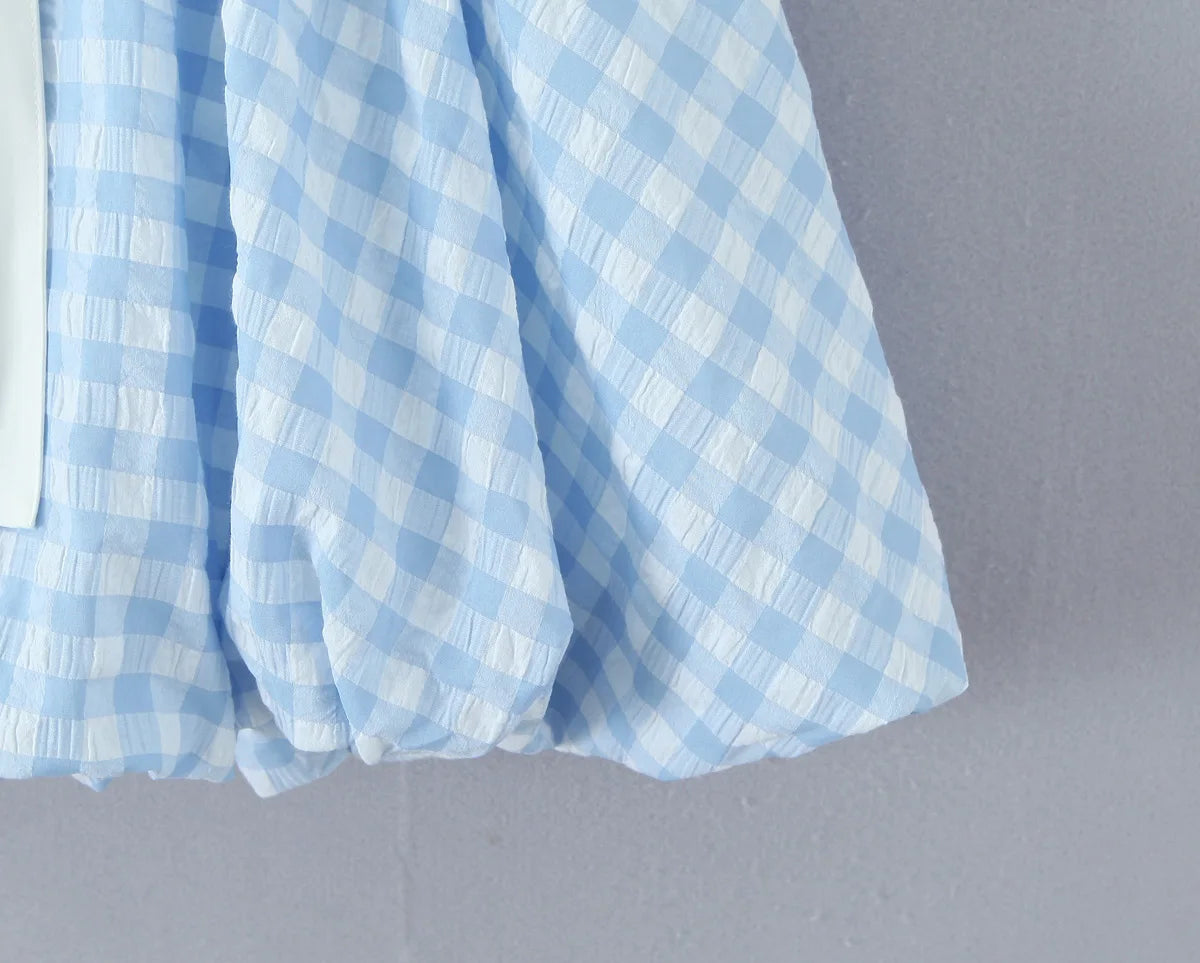 AIERTU  -  Blue Gingham Halter Mini Dress Women Y2K Ruffle Bustier Puff Balloon Hem Party Dress Aiertu