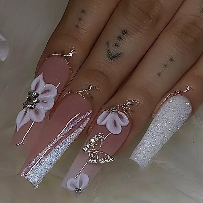 Aiertu 24pcs Artifical Bails With Glue Fake Nail Tips With Design Detachable Press On Nails Long Fake Nail Finished Nail Piece Sticker Aiertu